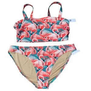 NEW Old Navy Plus Size 2X Bikini Aqua Pink Flamingo Print 2 Piece Swimsuit